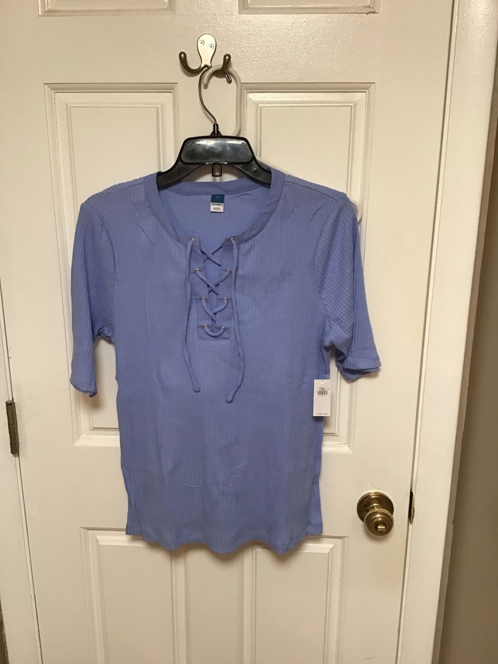 Old Navy Lace Up V Neck, Short Sleeve Top. Blue